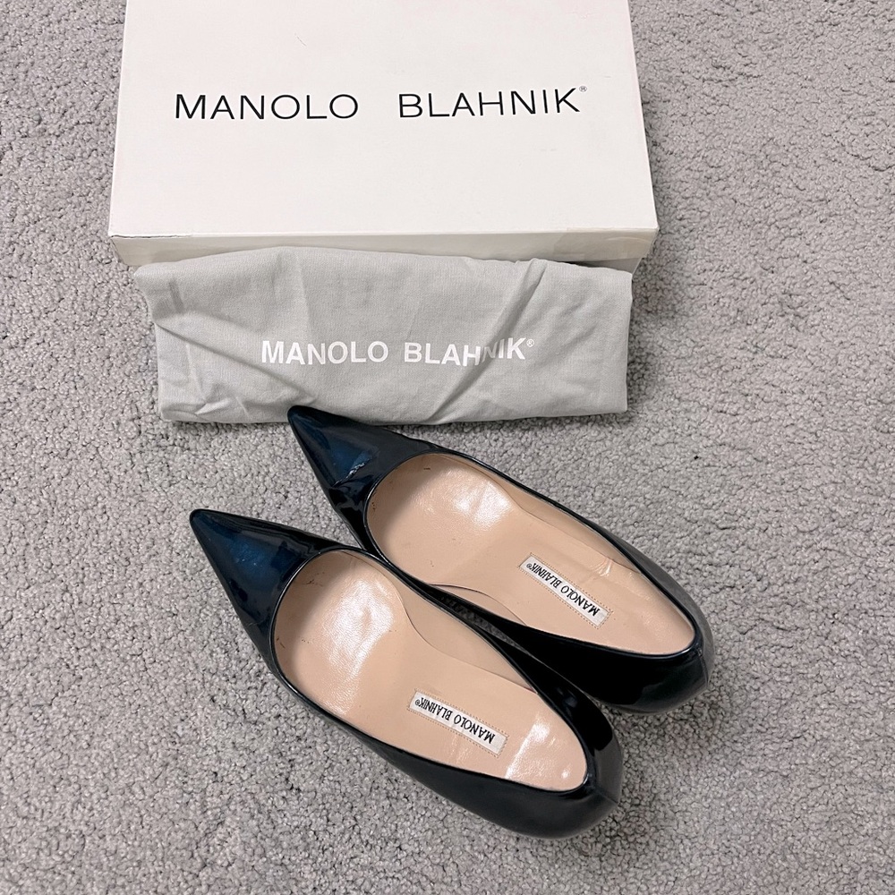 Manolo Blahnik Navy Blue Patent Newcio Pointed Toe Pumps Heels Size 8 / 38 - Picture 4 of 13
